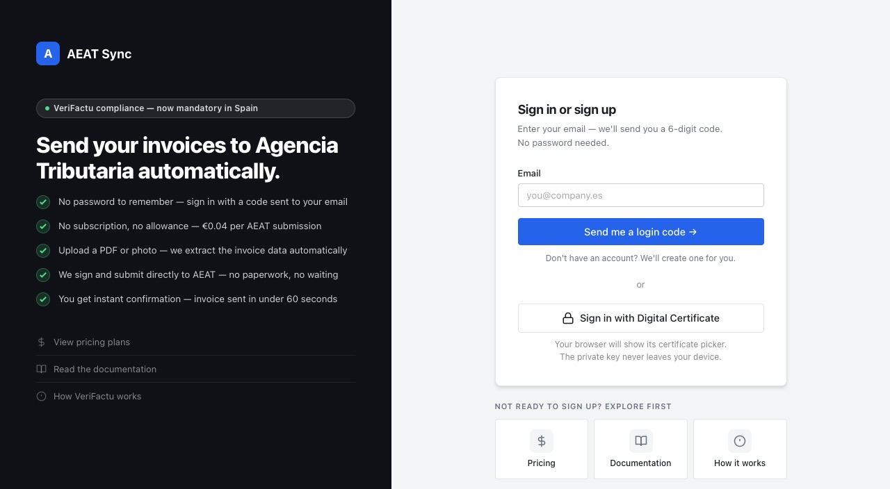 Screenshot of aeatsync.io: the headline 'Send your invoices to Agencia Tributaria automatically.' beside a sign-in card.