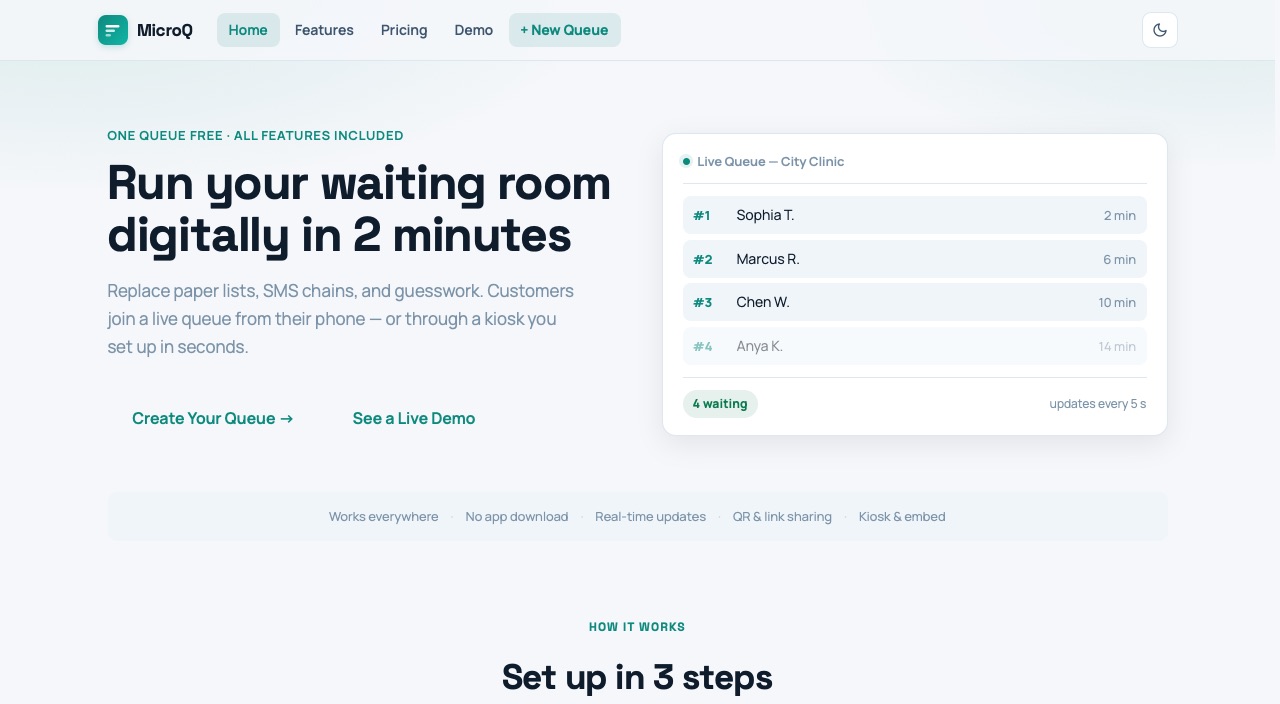 Screenshot of microq.org: the headline 'Run your waiting room digitally in 2 minutes' beside a live queue list.