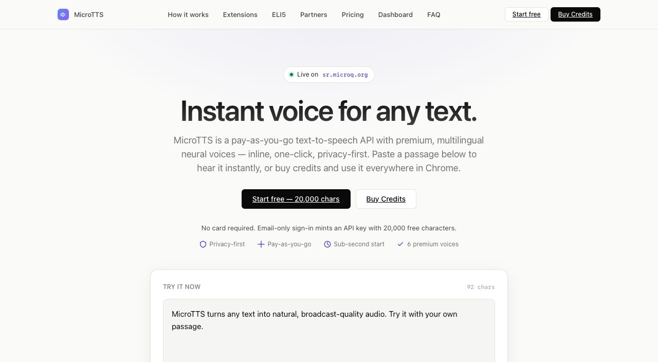 Screenshot of sr.microq.org: the headline 'Instant voice for any text.' above a text-to-audio demo box.